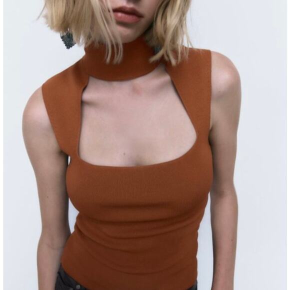 Zara Knit Choker Tank Top Rust Ribbed Fitted Small Blouse Professional Cut Out - Picture 6 of 11